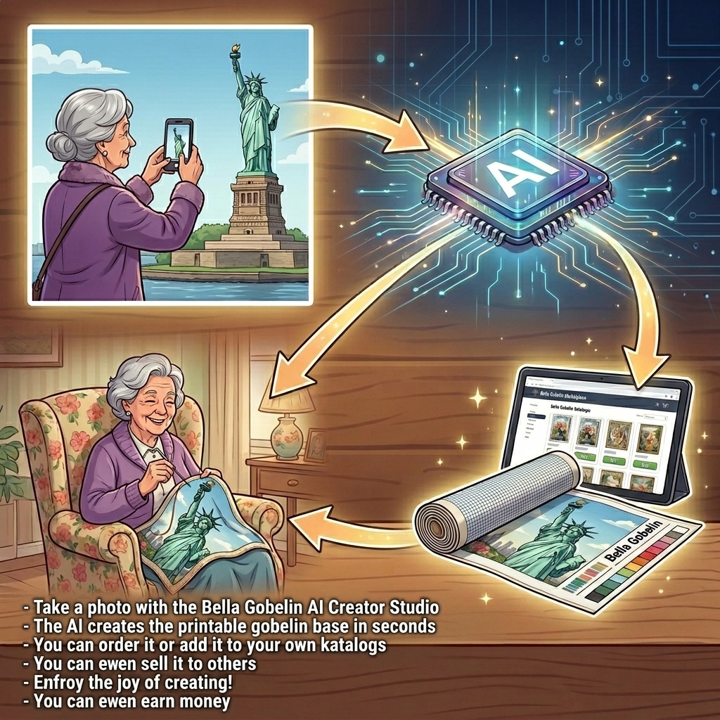 Take a photo with the Bella Gobelin AI Creator Studio – printable needlepoint in moments