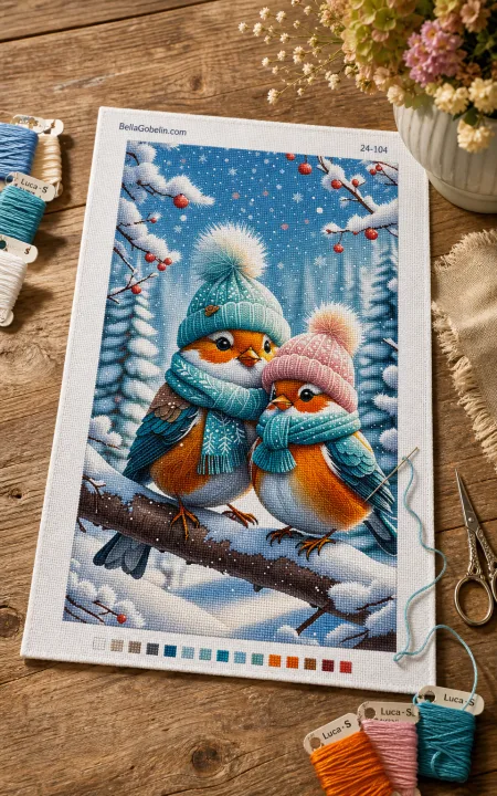 Little birds in a scarf and hat