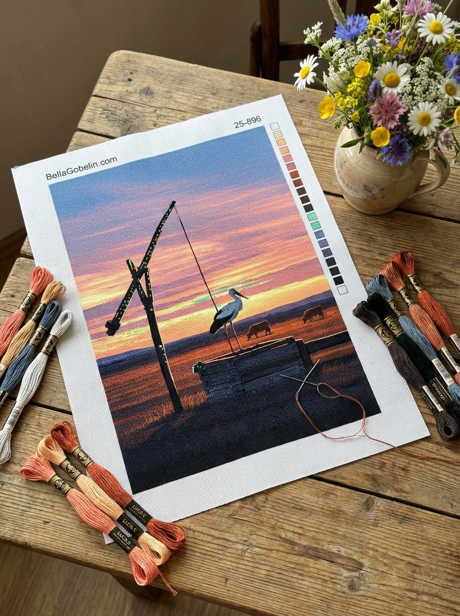 Watering well with a stork - evening scene