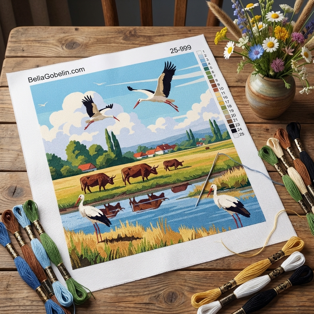 Herons and oxen by the lake