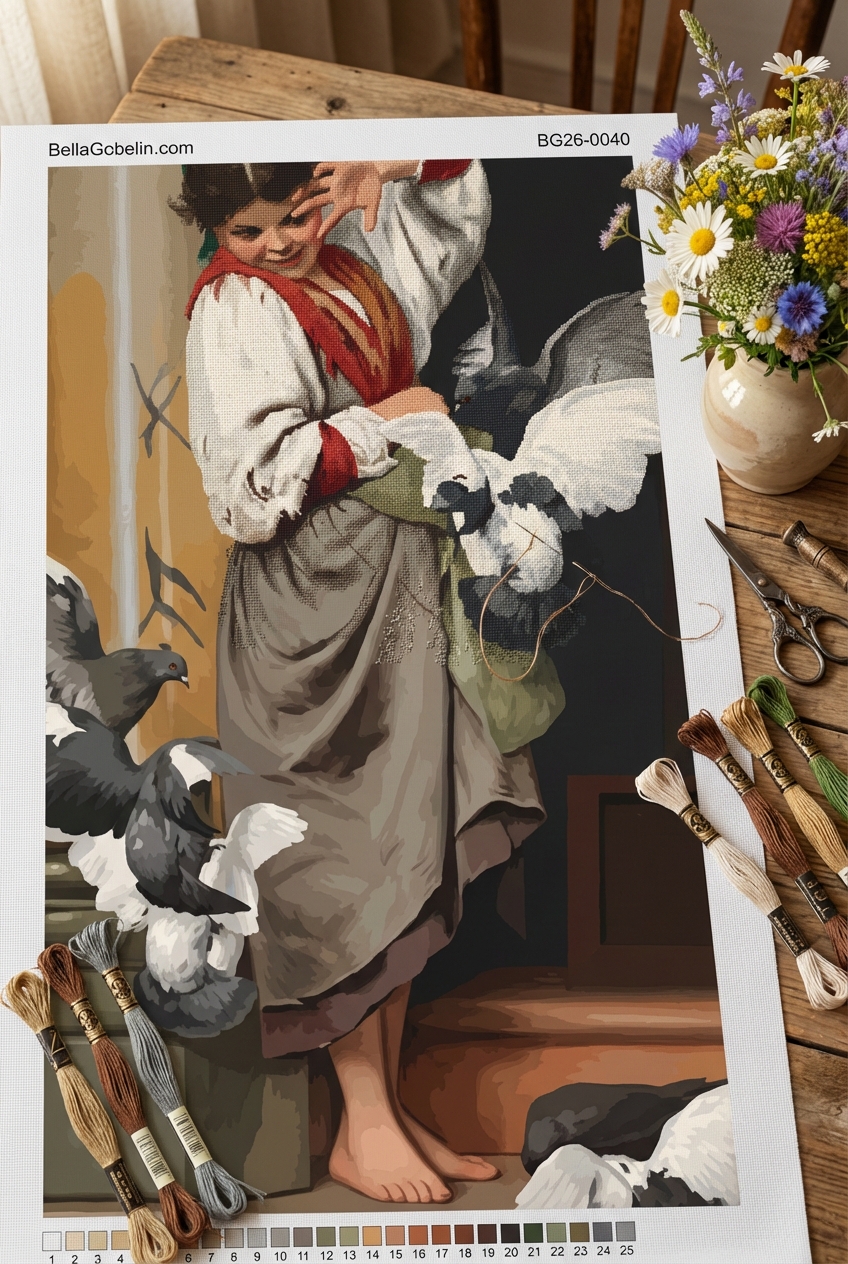 Ettore Tito - The Little Girl and the Pigeons Needlepoint Copy