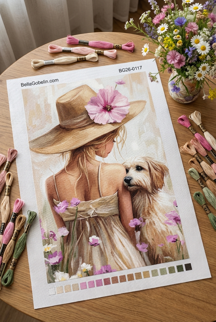 Girl with a dog among flowers