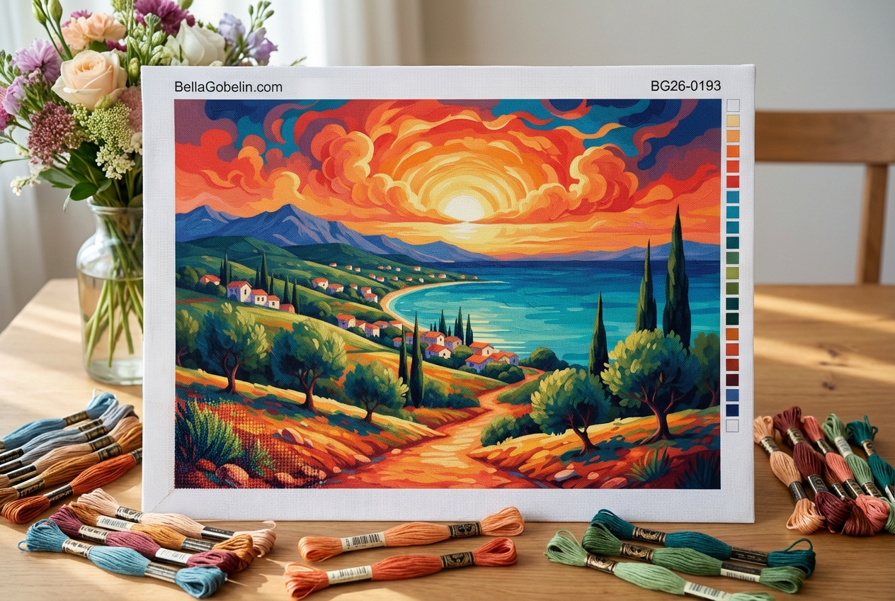 Mediterranean landscape at sunset