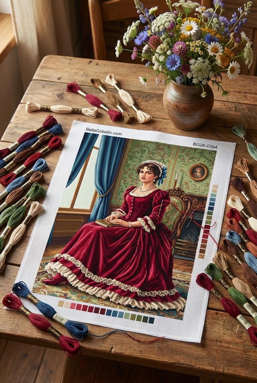 Dama w bordowej sukni