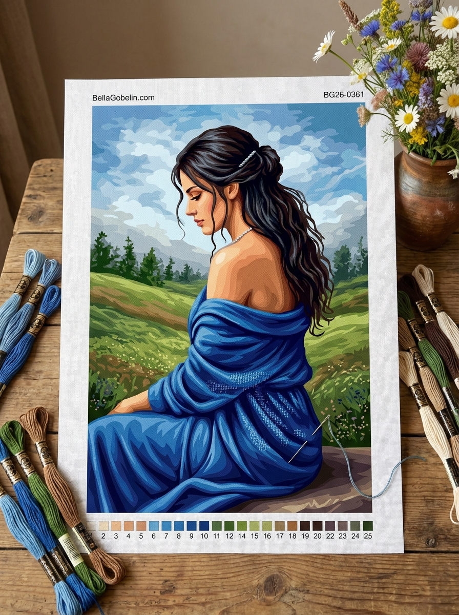 Blue dressed lady in the meadow