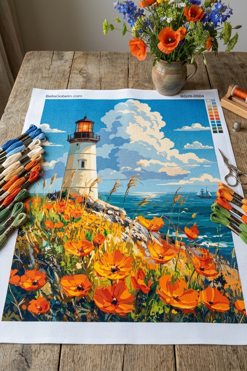Lighthouse on a floral seashore