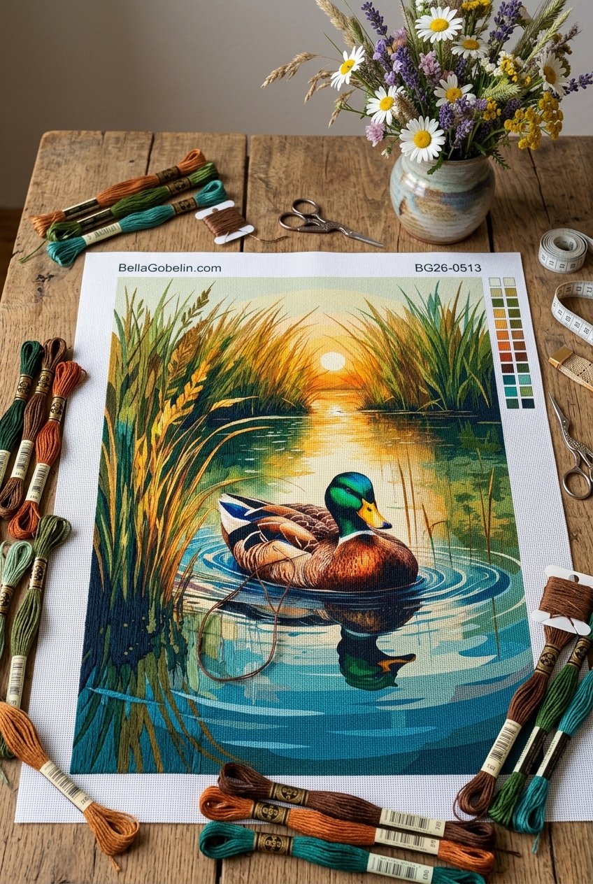 Duck on the lake at sunset