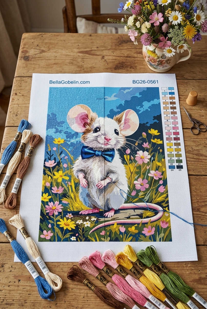 Elegant little mouse in a flowery field