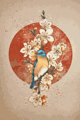 Blue small bird with flowers