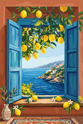 Mediterrán ablak citromokkal (gobelin)