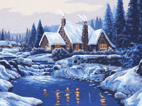 Snowy landscape by the mountain house